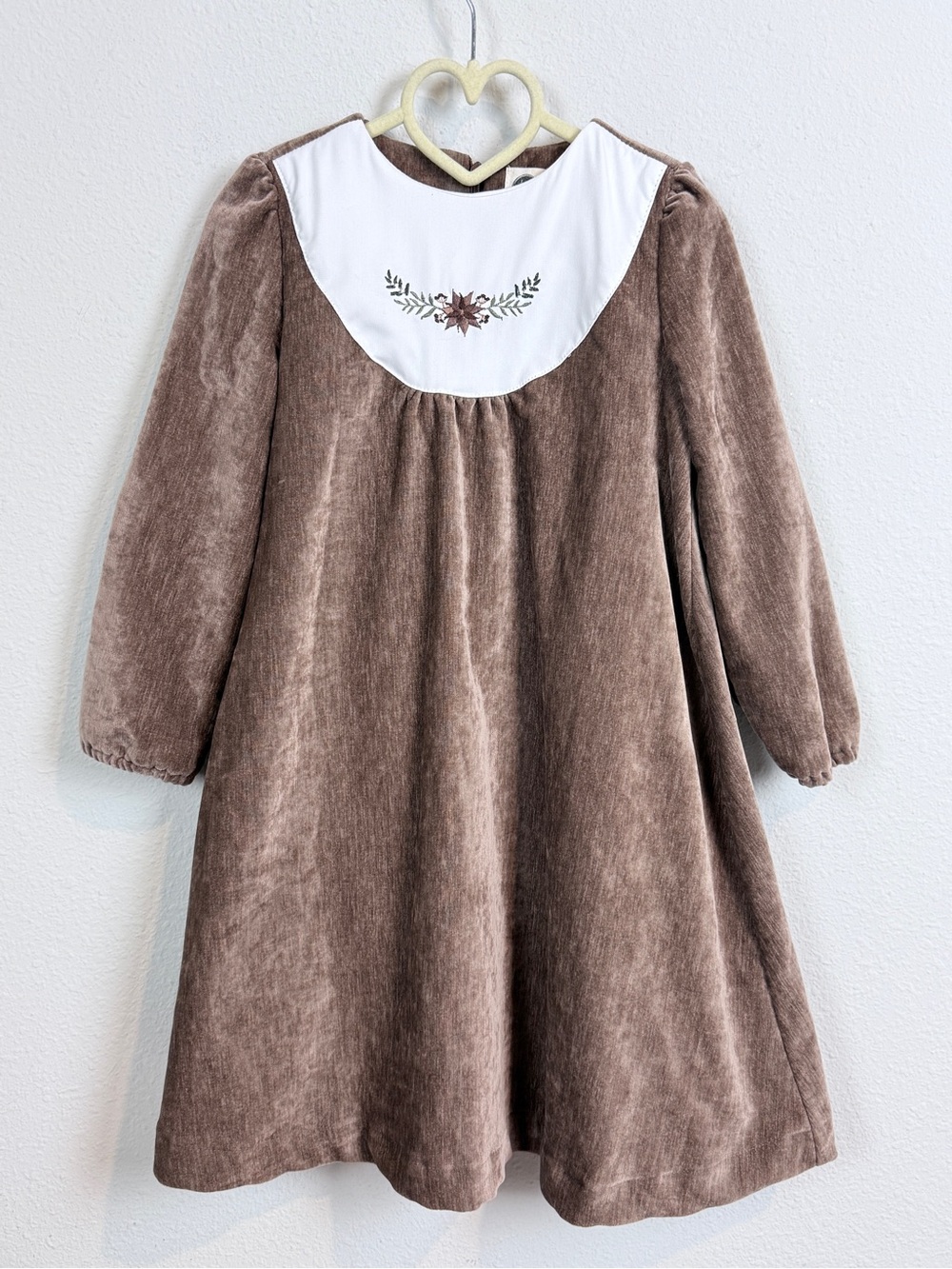 Maniere Girls Brown Chenille Dress with White Embroidered Yoke 5